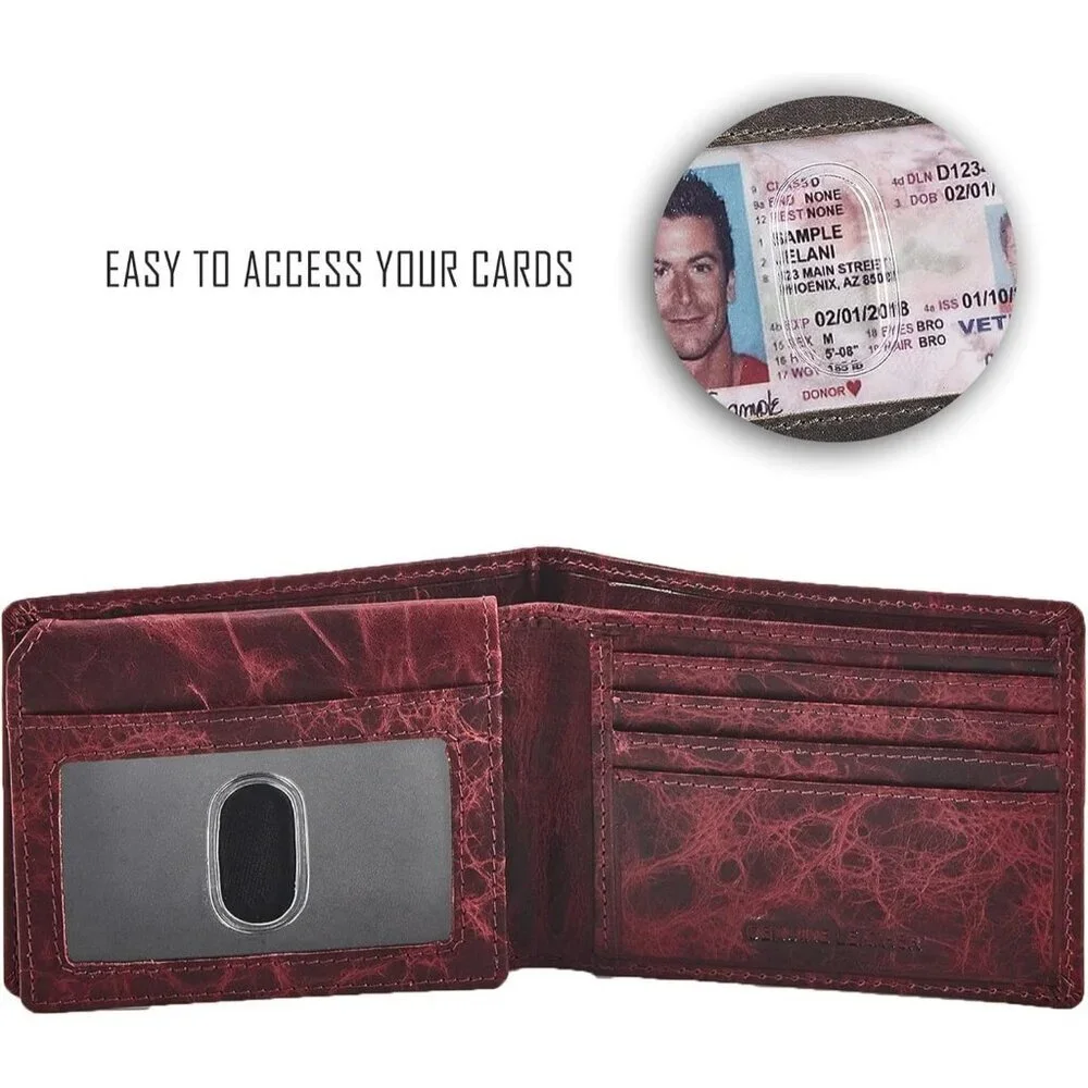Men's Unique Metal Real Slim Dark Wine Genuine Vintage Leather Stylish Wallet